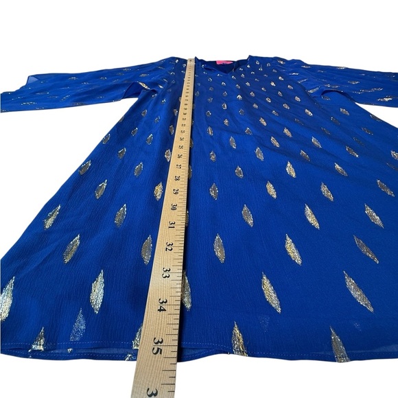 Lilly Pulitzer Shalynn Silk Caftan 
Navy Gold semi-sheer scarf sleeves Size 2 - Picture 12 of 14